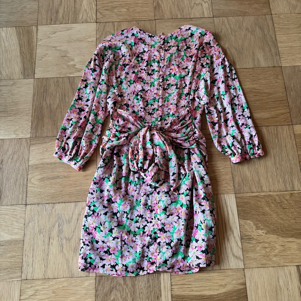 Zara Small Pink Floral Print Bodycon Ruched Mini Dress Tie Waist - Picture 4 of 8